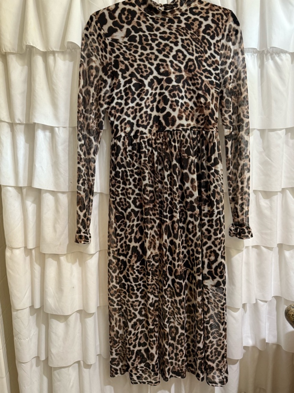 Leopard Print Long Sleeve Midi Dress in Brown